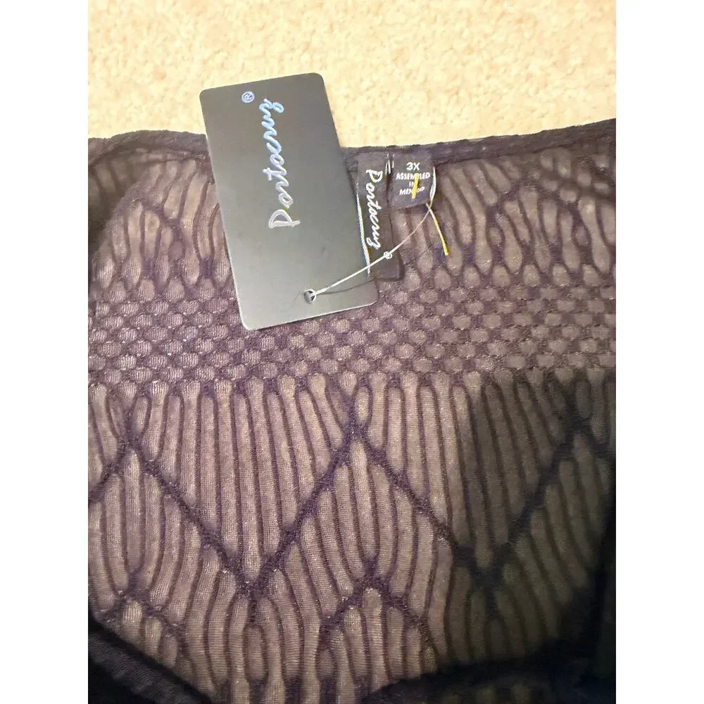 Portocruz Black Lace Up Tunic Top Womens Size 3X NWT 3/4 Sleeve Sheer Mesh